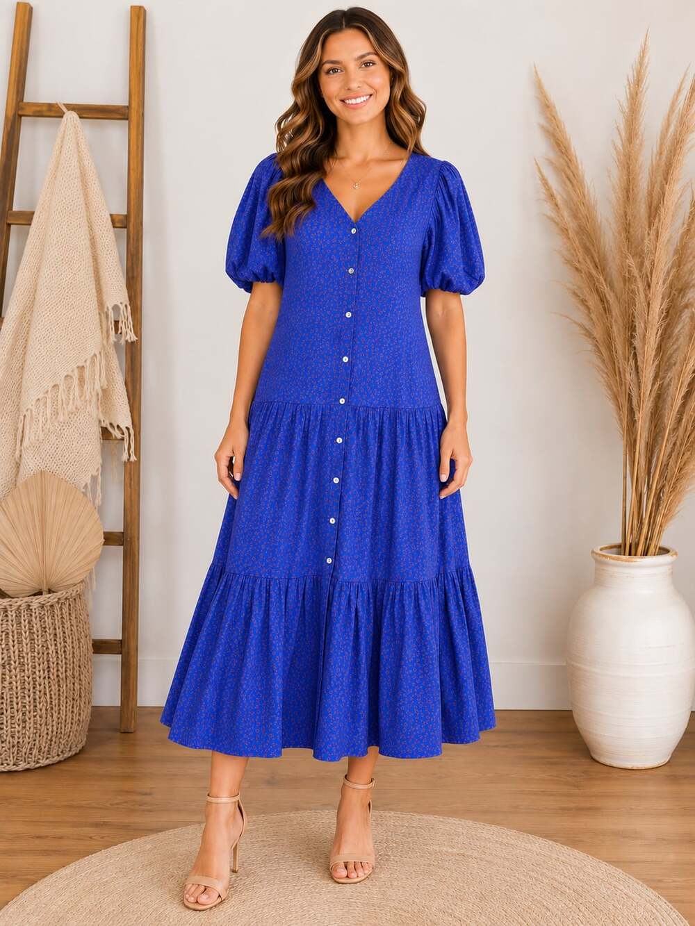 Brass & Roe Blue Cherry Print Tiered Midi Dress Puff Sleeve Button Front XS